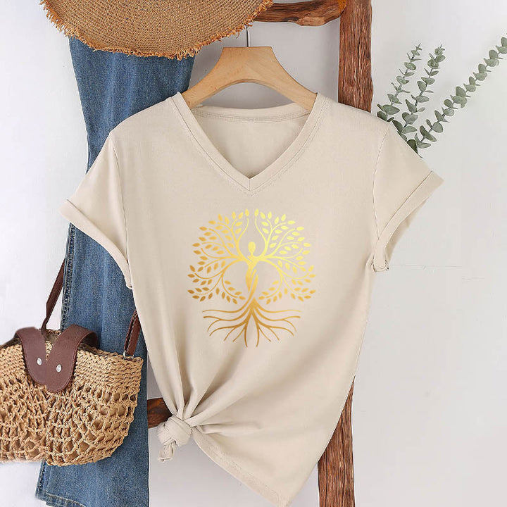 T-shirt da donna con scollo a V e silhouette umana in lamina d'oro Olivenorma con albero della vita e grafica spirituale. - Cachi - 2XL - image 3