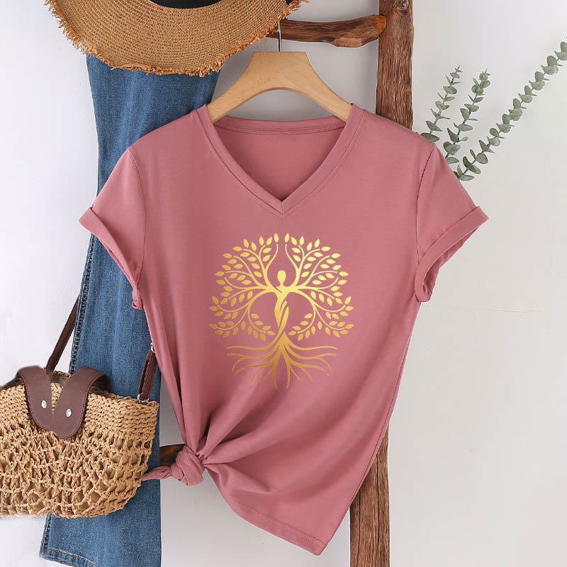 T-shirt da donna con scollo a V e silhouette umana in lamina d'oro Olivenorma con albero della vita e grafica spirituale. - Rosa - 2XL - image 6