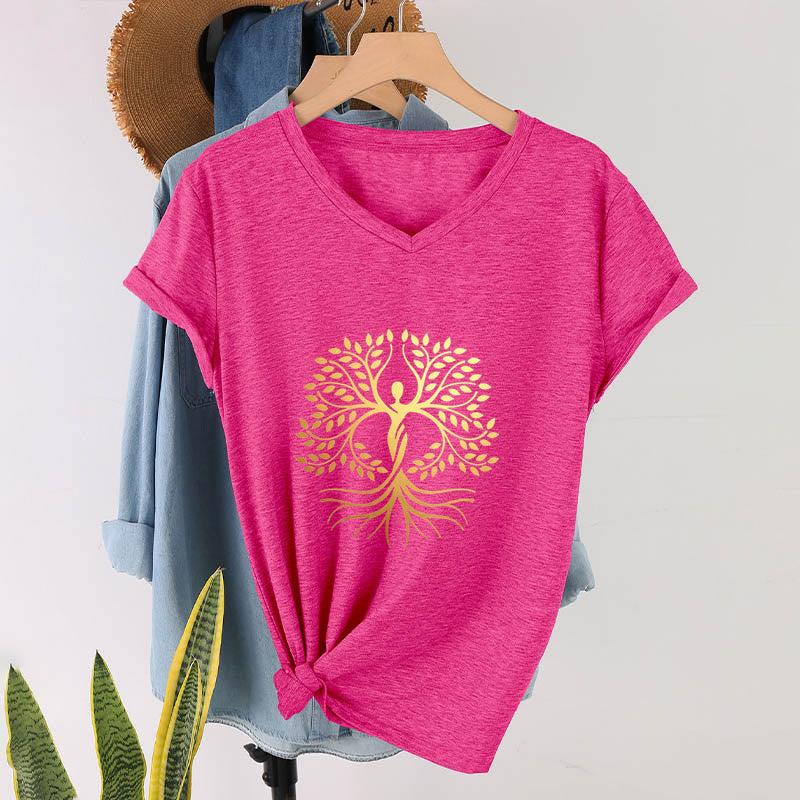 T-shirt da donna con scollo a V e silhouette umana in lamina d'oro Olivenorma con albero della vita e grafica spirituale. - Rosso rosa - 2XL - image 33