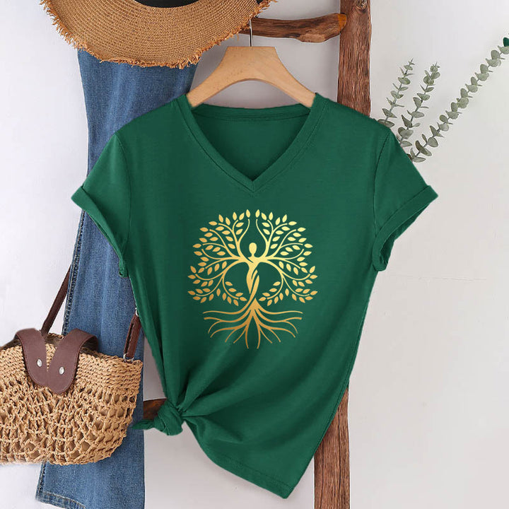 T-shirt da donna con scollo a V e silhouette umana in lamina d'oro Olivenorma con albero della vita e grafica spirituale. - Verde scuro - 2XL - image 24