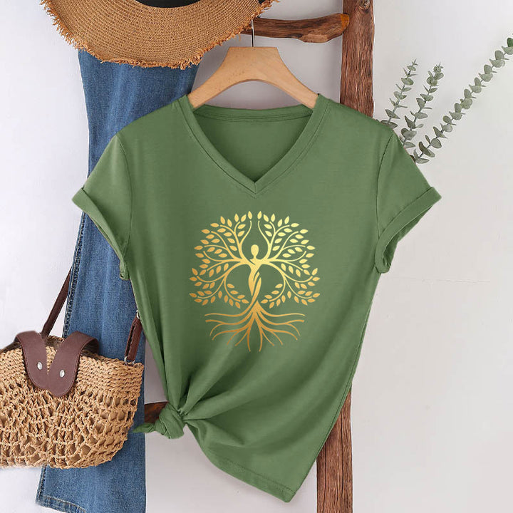 T-shirt da donna con scollo a V e silhouette umana in lamina d'oro Olivenorma con albero della vita e grafica spirituale. - Verde oliva - 2XL - image 0