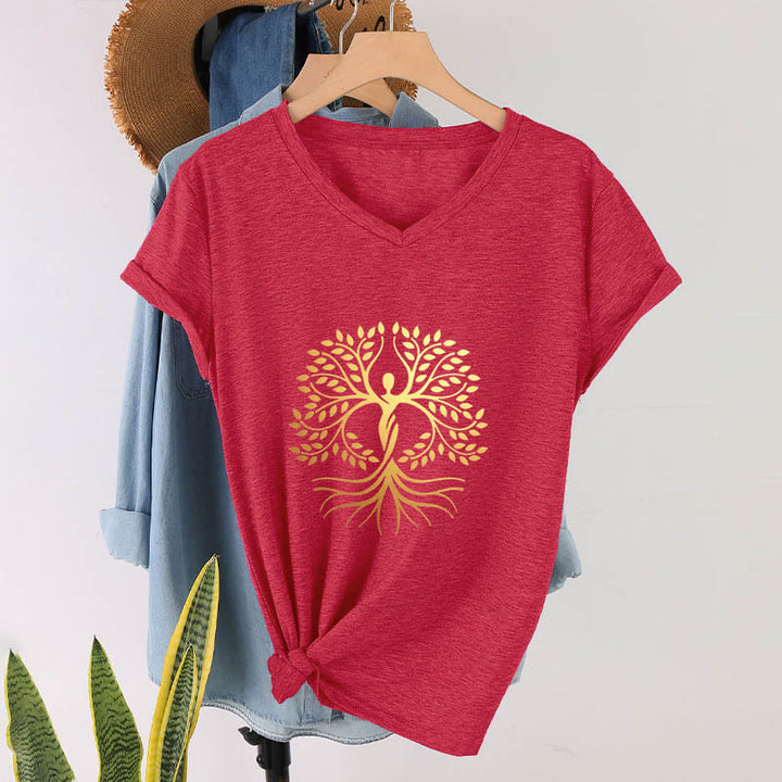 T-shirt da donna con scollo a V e silhouette umana in lamina d'oro Olivenorma con albero della vita e grafica spirituale. - Rosso - 2XL - image 27