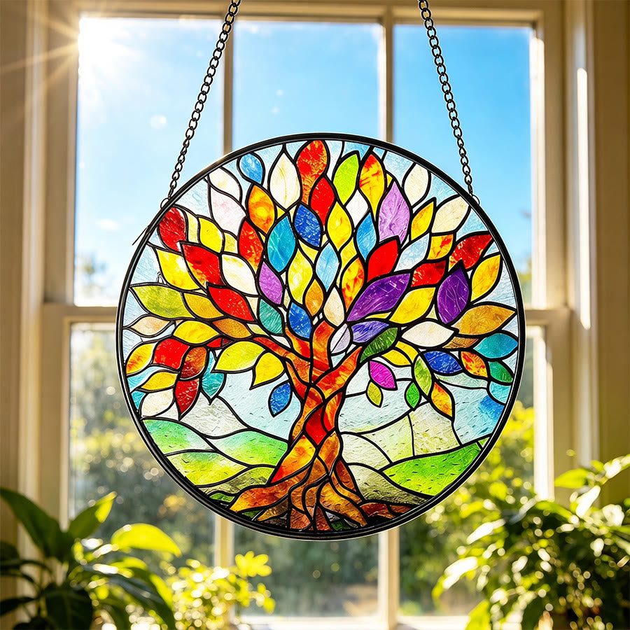 Olivenorma 2D Piatto Boho Multicolore Foglia Albero della Vita Acchiappasole in Vetro Colorato - 30 cm * 30 cm - image 0