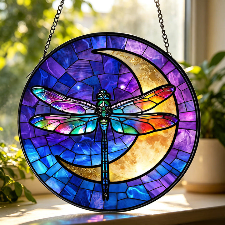 Olivenorma 2D Acchiappasole rotondo in vetro colorato con libellula arcobaleno e luna crescente - 30 cm * 30 cm - image 0