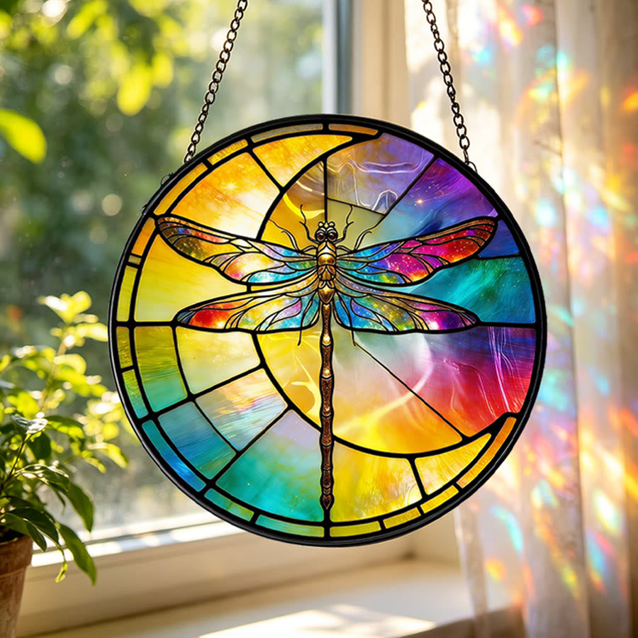 Olivenorma 2D Acchiappasole rotondo con libellula, luna crescente e sfumatura arcobaleno in vetro colorato - 30 cm * 30 cm - image 0