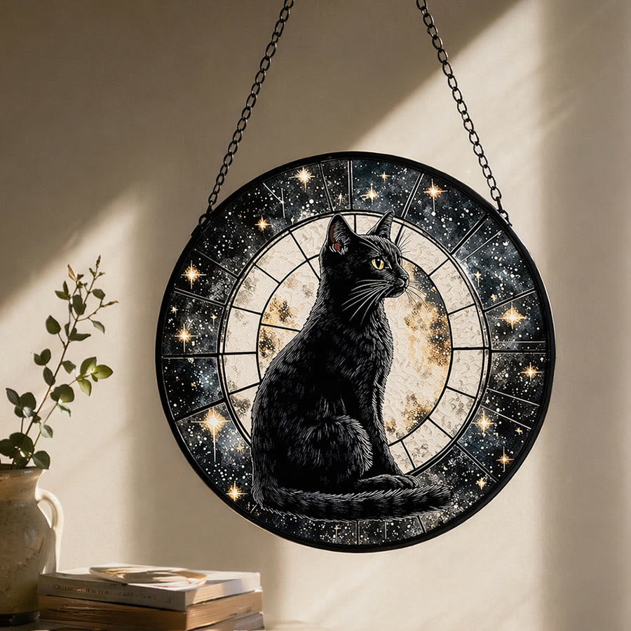 Olivenorma 2D Mystic Full Moon Black Cat Window Hanging Coloured Glass Sun Catcher - 30 cm * 30 cm - image 0