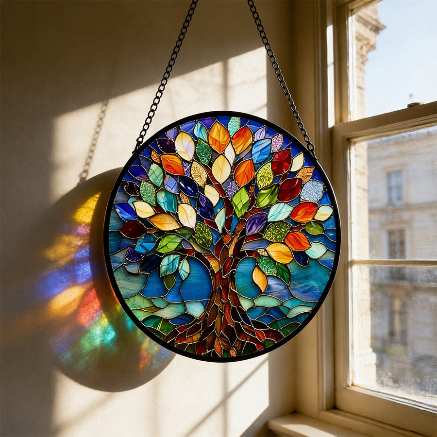 Olivenorma 2D Acchiappasole rotondo colorato Albero della Vita Spirituale in Vetro Colorato - 30 cm * 30 cm - image 0