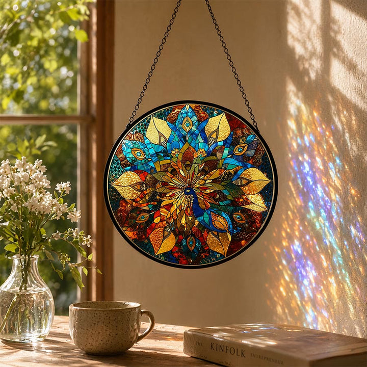 Acchiappasole Olivenorma 2D rotondo con mandala di pavone in mosaico di vetro colorato - 30 cm * 30 cm - image 0