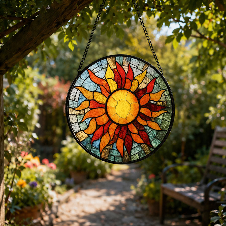 Olivenorma 2D rotondo con mosaico a raggi di sole caldi e vetrata colorata - image 3