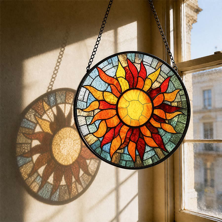 Olivenorma 2D rotondo con mosaico a raggi di sole caldi e vetrata colorata - 30 cm * 30 cm - image 0