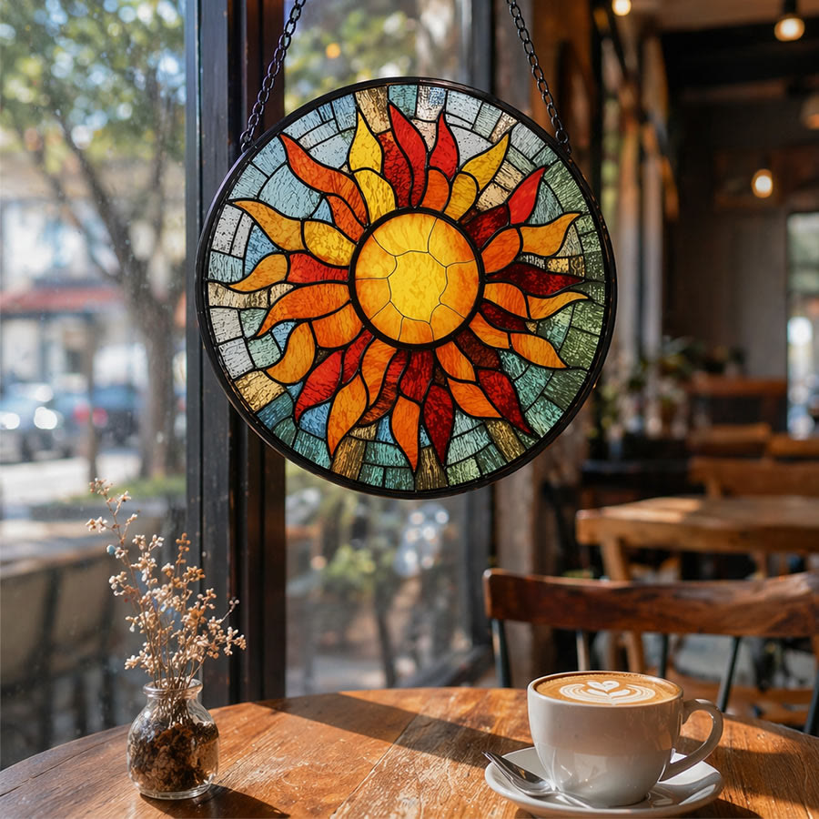 Olivenorma 2D rotondo con mosaico a raggi di sole caldi e vetrata colorata - image 4