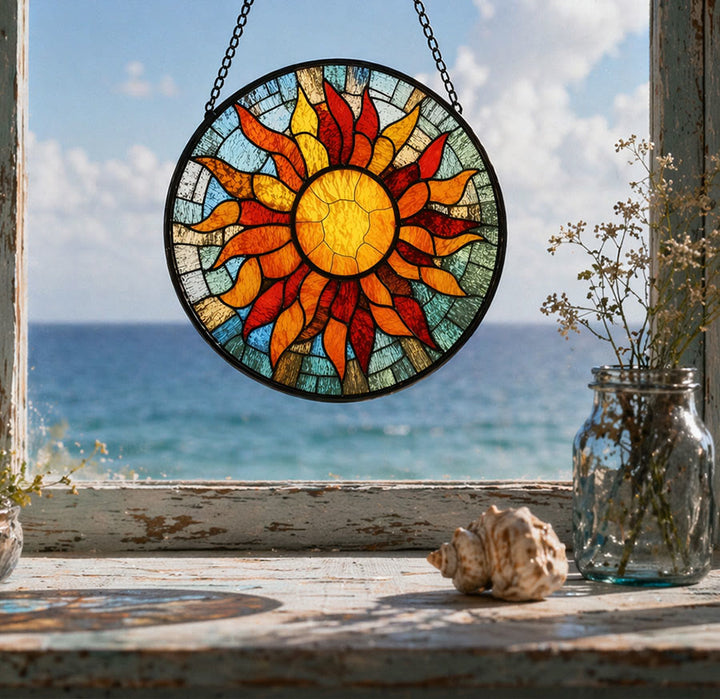 Olivenorma 2D rotondo con mosaico a raggi di sole caldi e vetrata colorata - image 2