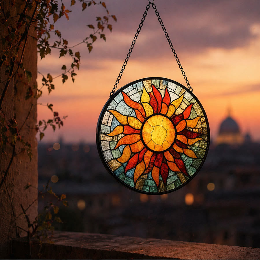 Olivenorma 2D rotondo con mosaico a raggi di sole caldi e vetrata colorata - image 5