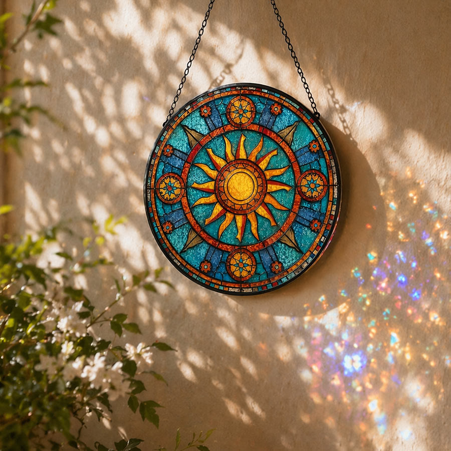 Olivenorma Mosaico in vetro colorato con mandala 2D e raggi di sole - image 4