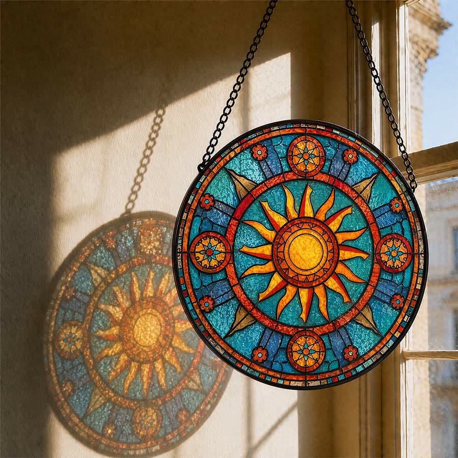 Olivenorma Mosaico in vetro colorato con mandala 2D e raggi di sole - image 2