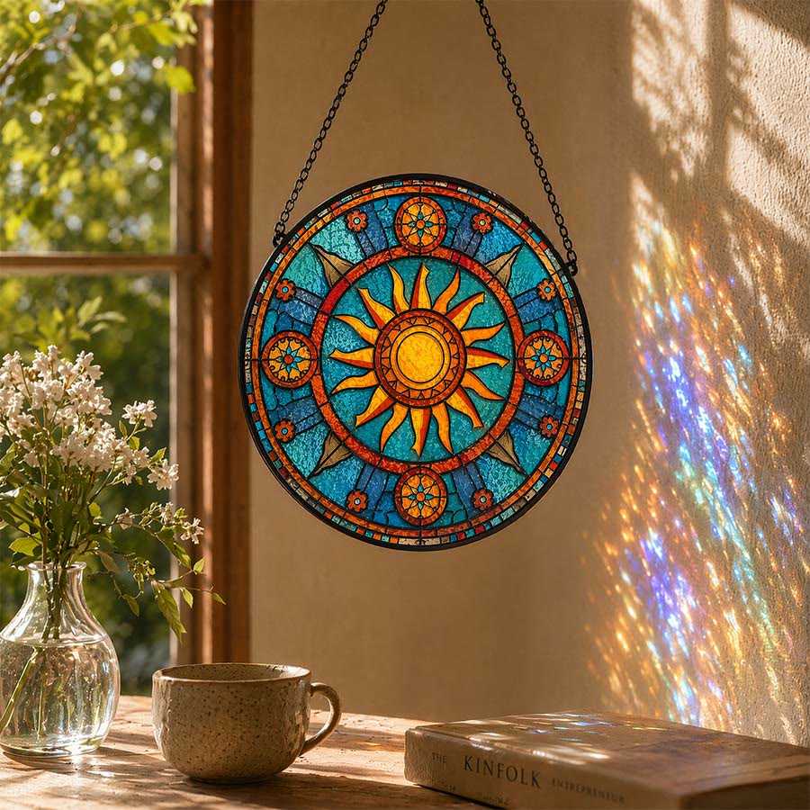 Olivenorma Mosaico in vetro colorato con mandala 2D e raggi di sole - image 1