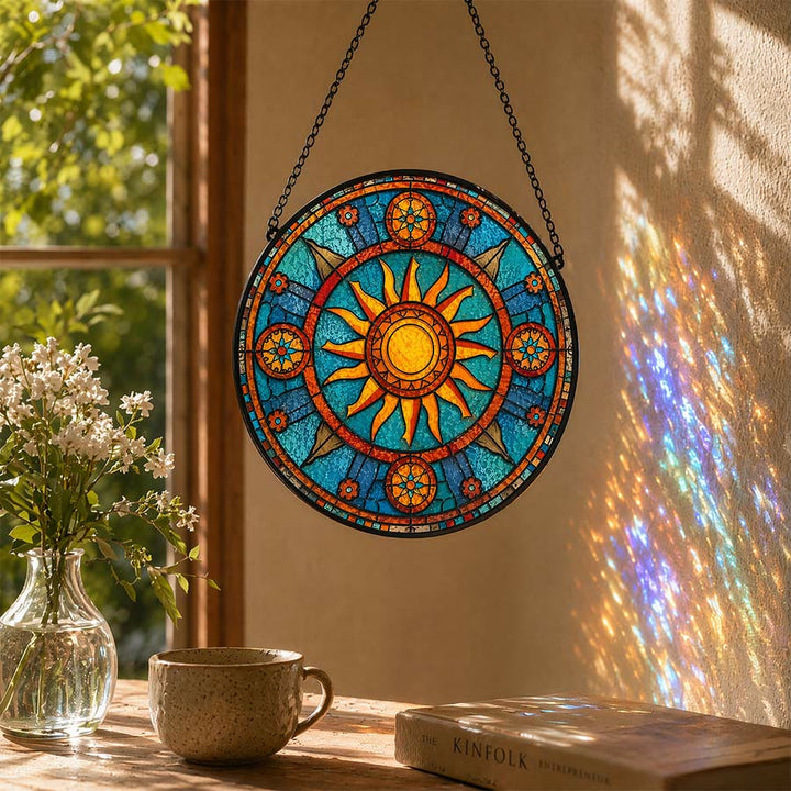 Olivenorma Mosaico in vetro colorato con mandala 2D e raggi di sole - image 1