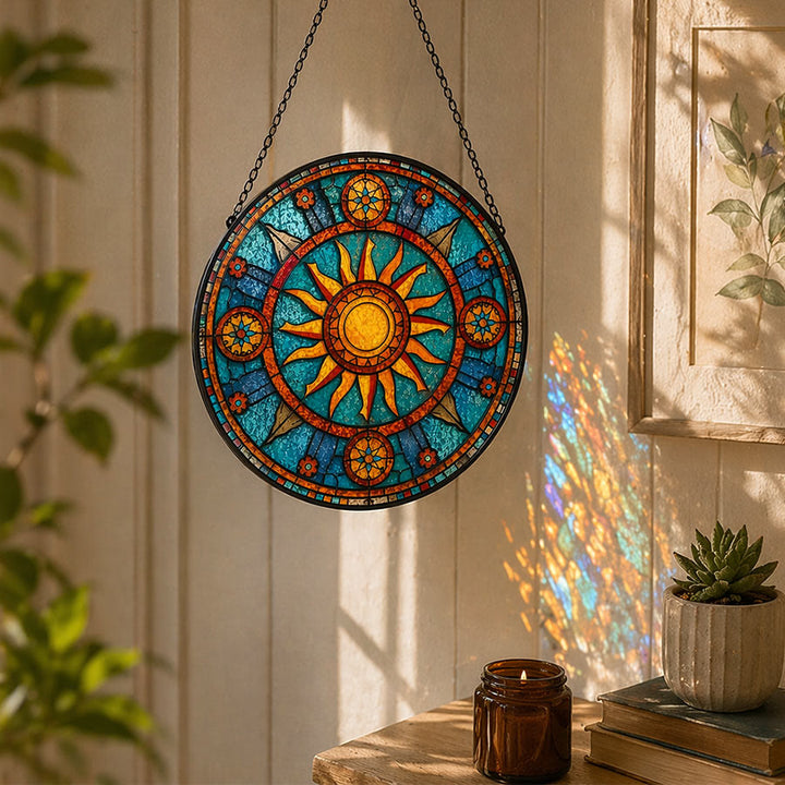 Olivenorma Mosaico in vetro colorato con mandala 2D e raggi di sole - image 3