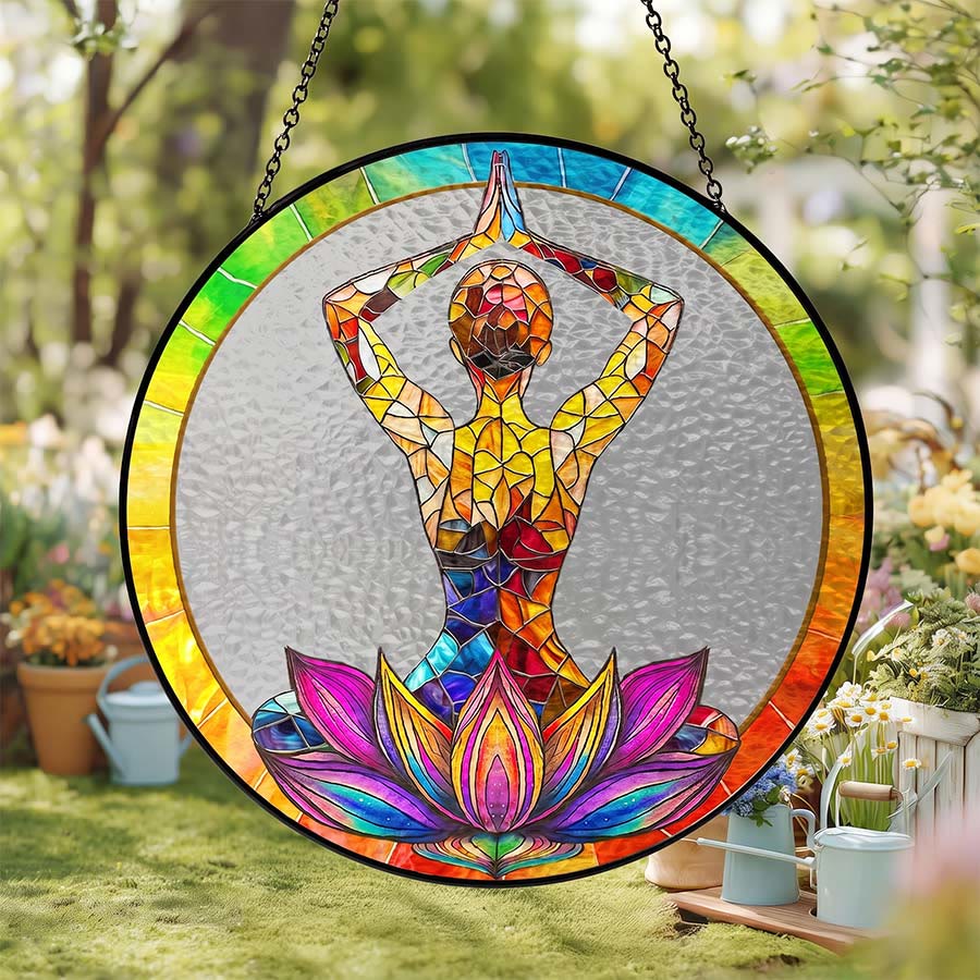 Olivenorma 2D Mani sopra la testa Meditazione Yoga Figura Acchiappasole in vetro colorato - 30 cm * 30 cm - image 0