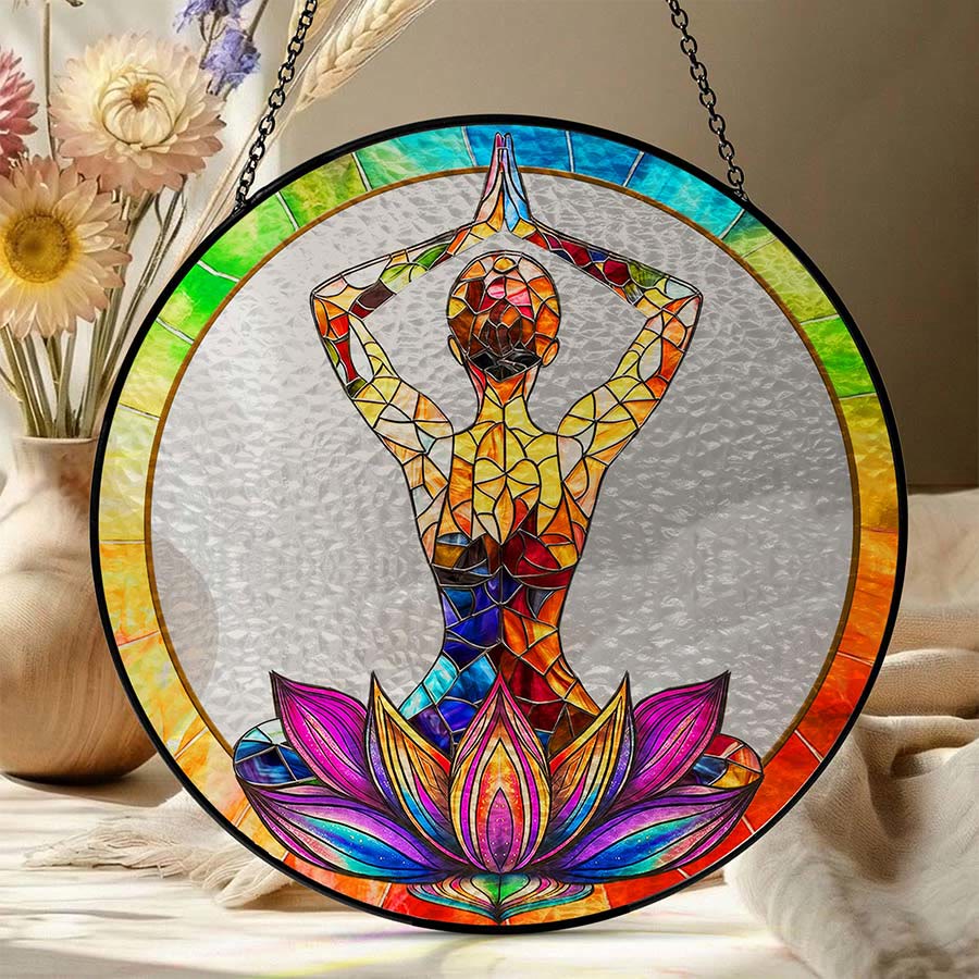 Olivenorma 2D Mani sopra la testa Meditazione Yoga Figura Acchiappasole in vetro colorato - image 6