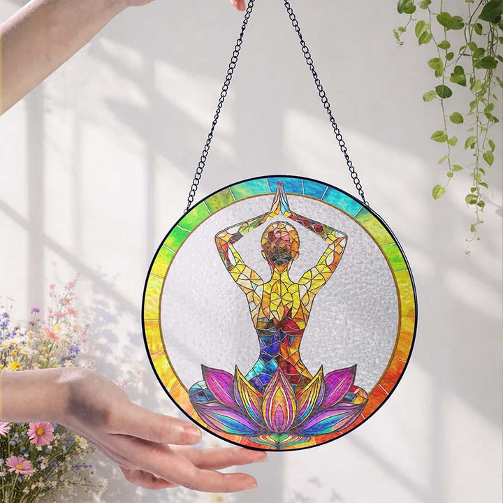 Olivenorma 2D Mani sopra la testa Meditazione Yoga Figura Acchiappasole in vetro colorato - image 1