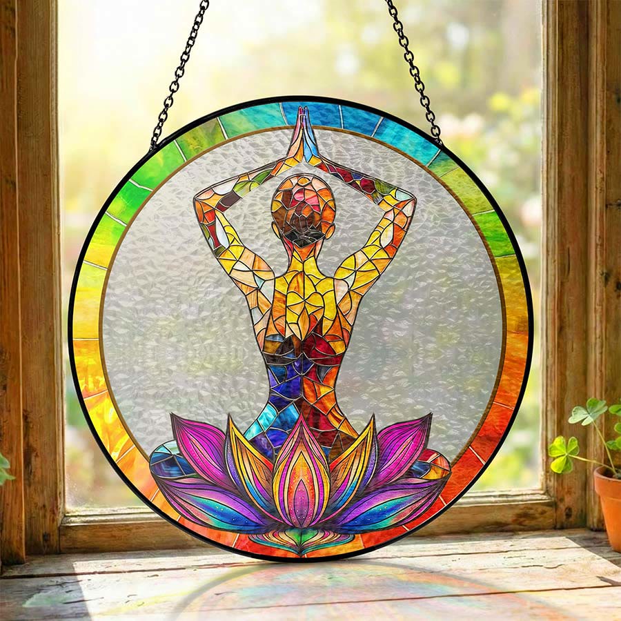 Olivenorma 2D Mani sopra la testa Meditazione Yoga Figura Acchiappasole in vetro colorato - image 4