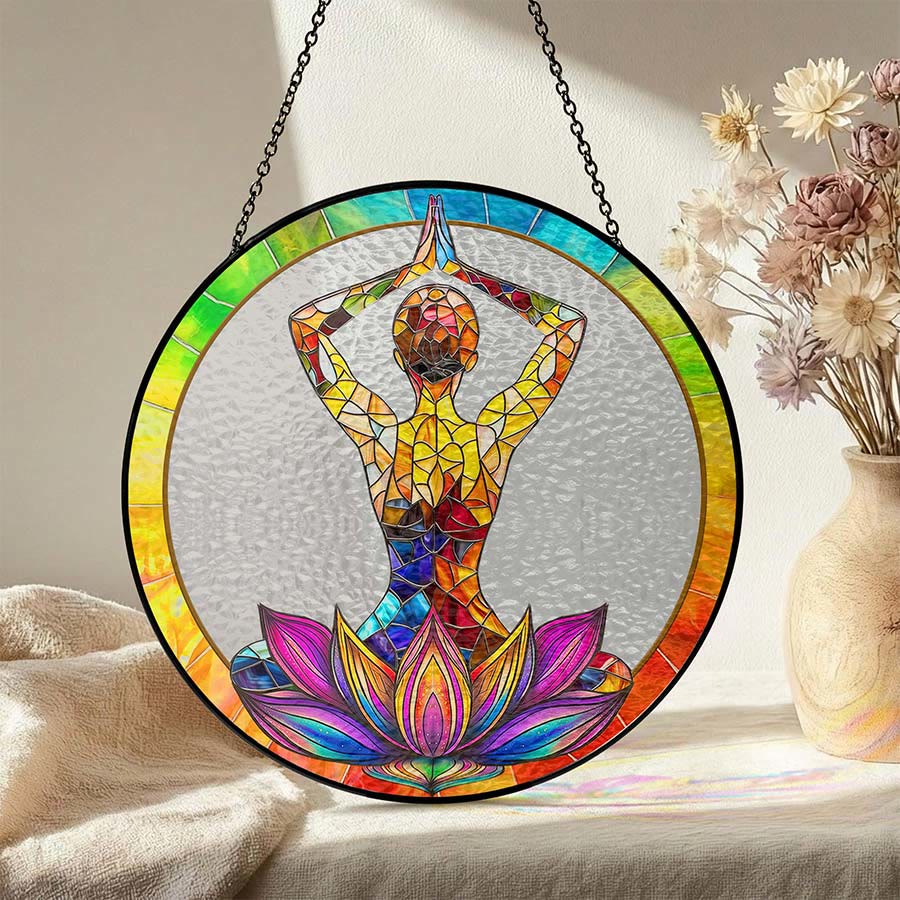 Olivenorma 2D Mani sopra la testa Meditazione Yoga Figura Acchiappasole in vetro colorato - image 2