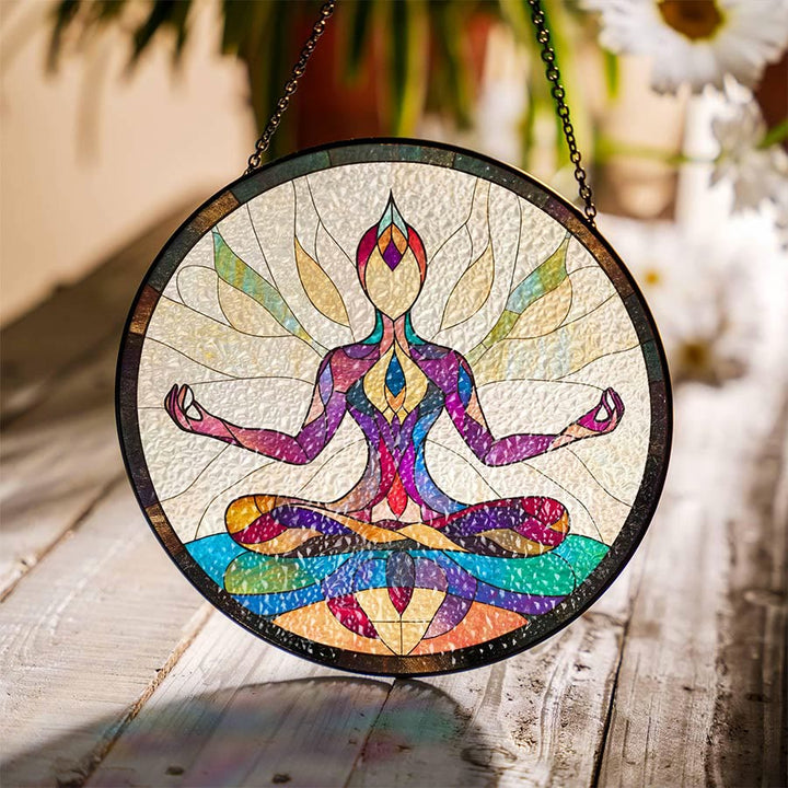 Olivenorma 2D Acchiappasole rotondo con silhouette di donna che fa yoga e allungamento laterale - Meditazione del loto - 30 cm * 30 cm - image 7