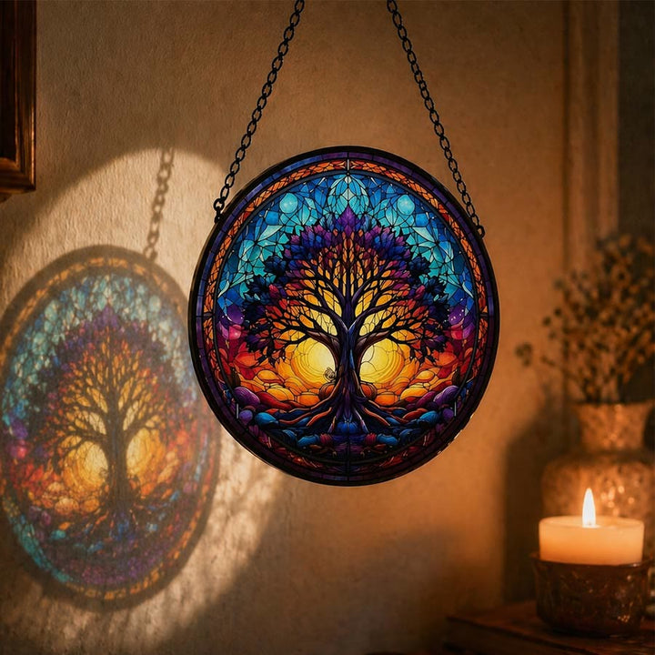 Olivenorma 2D Rotondo Tramonto Doppio Sole Vita dell'Albero Mosaico Vetro Colorato Acchiappasole - image 1