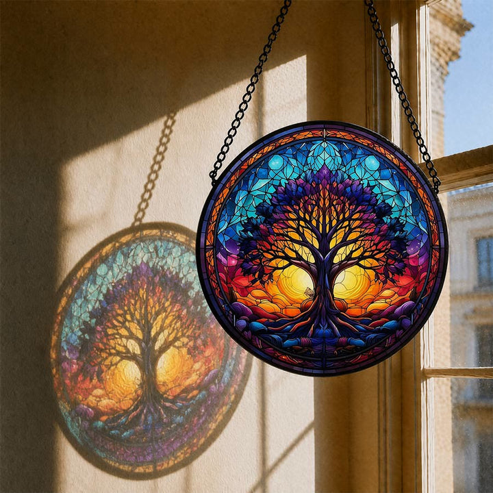 Olivenorma 2D Rotondo Tramonto Doppio Sole Vita dell'Albero Mosaico Vetro Colorato Acchiappasole - 30 cm * 30 cm - image 0
