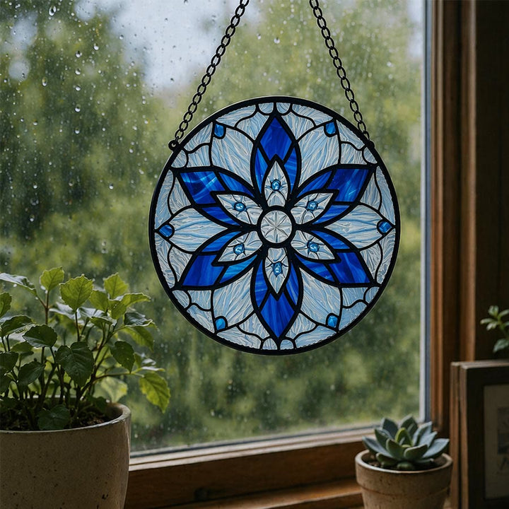 Olivenorma 2D Rotondo Mandala Loto Blu Occhio di Malocchio Mosaico Vetro Colorato Acchiappasole - image 4