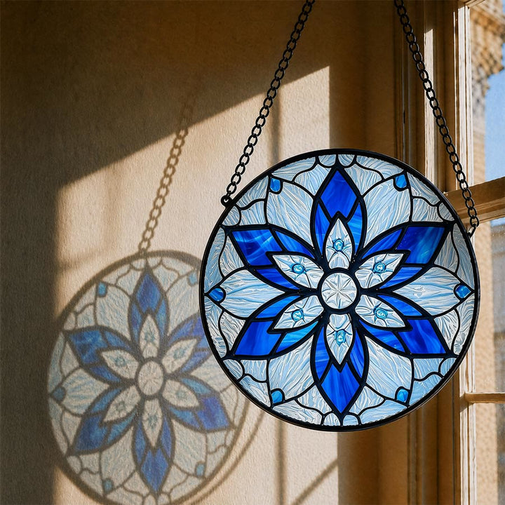 Olivenorma 2D Rotondo Mandala Loto Blu Occhio di Malocchio Mosaico Vetro Colorato Acchiappasole - image 1