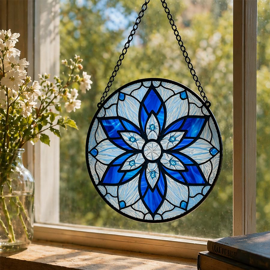 Olivenorma 2D Rotondo Mandala Loto Blu Occhio di Malocchio Mosaico Vetro Colorato Acchiappasole - 30 cm * 30 cm - image 0
