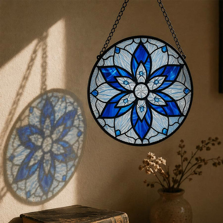 Olivenorma 2D Rotondo Mandala Loto Blu Occhio di Malocchio Mosaico Vetro Colorato Acchiappasole - image 3