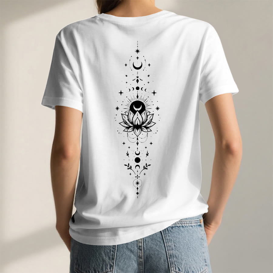 T-shirt da donna con scollo a V Olivenorma con doppia stampa fronte/retro, luna e loto, grafica spirituale. - image 44