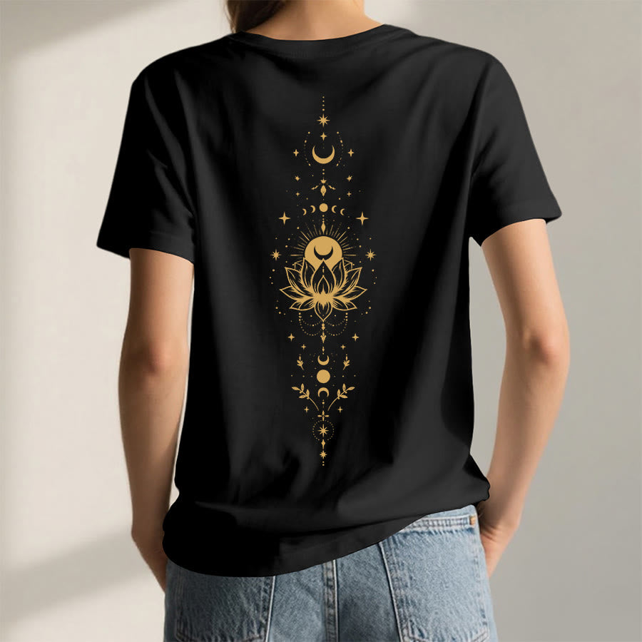 T-shirt da donna con scollo a V Olivenorma con doppia stampa fronte/retro, luna e loto, grafica spirituale. - image 34