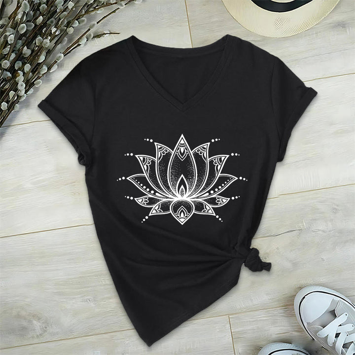 T-shirt da donna con scollo a V Olivenorma Minimal Outline Sacred Lotus Zen Graphic - Nero - 2XL - image 18
