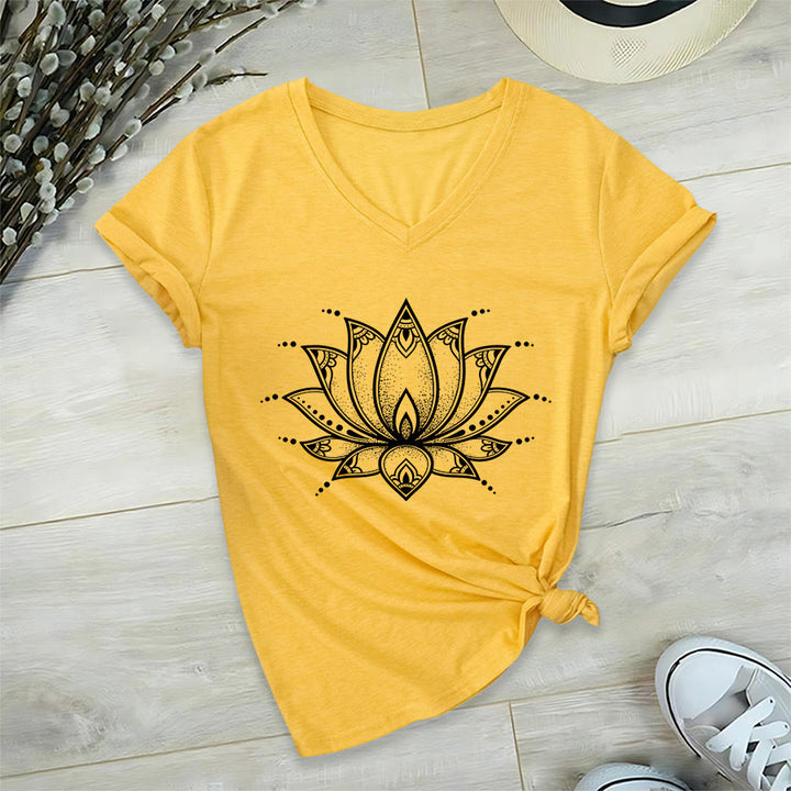 T-shirt da donna con scollo a V Olivenorma Minimal Outline Sacred Lotus Zen Graphic - Giallo - 2XL - image 3