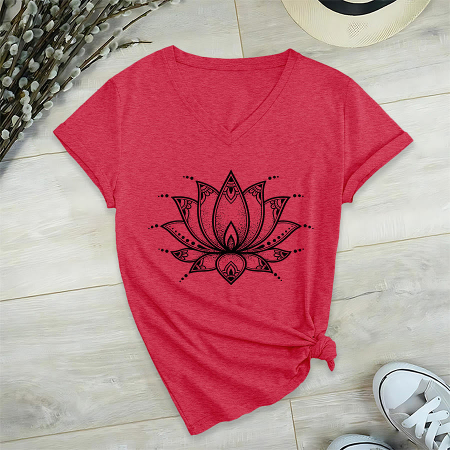 T-shirt da donna con scollo a V Olivenorma Minimal Outline Sacred Lotus Zen Graphic - Rosso - 2XL - image 30