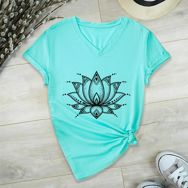 T-shirt da donna con scollo a V Olivenorma Minimal Outline Sacred Lotus Zen Graphic - Lago Blu - 2XL - image 15