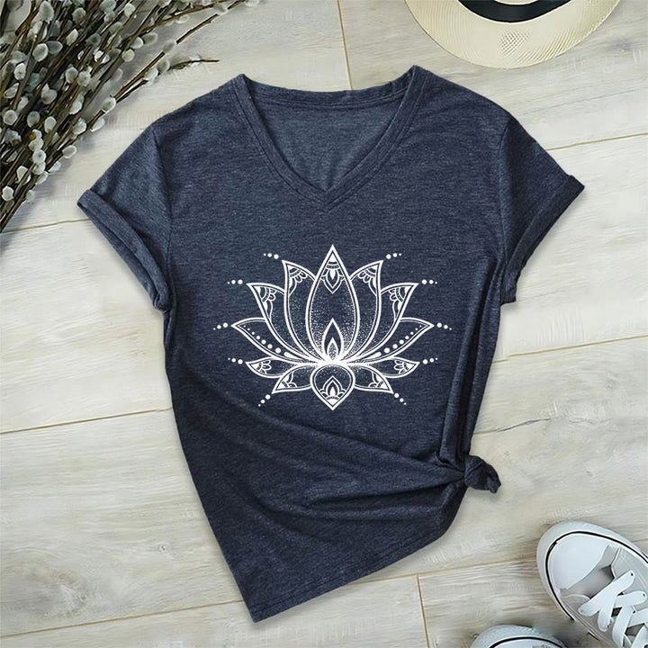 T-shirt da donna con scollo a V Olivenorma Minimal Outline Sacred Lotus Zen Graphic - Blu navy - 2XL - image 27