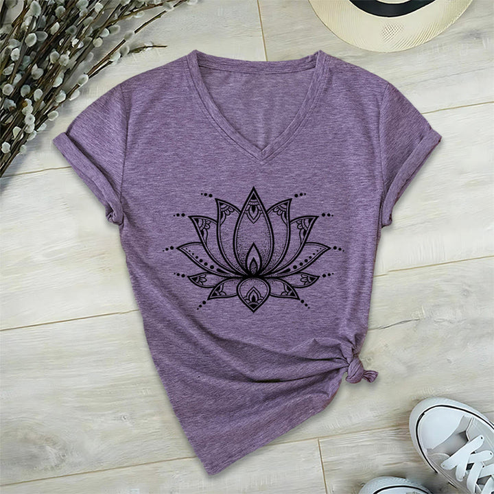 T-shirt da donna con scollo a V Olivenorma Minimal Outline Sacred Lotus Zen Graphic - Viola - 2XL - image 36