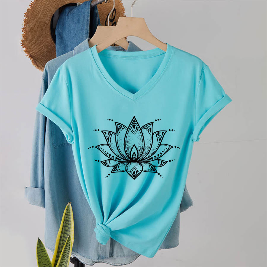 T-shirt da donna con scollo a V Olivenorma Minimal Outline Sacred Lotus Zen Graphic - image 16