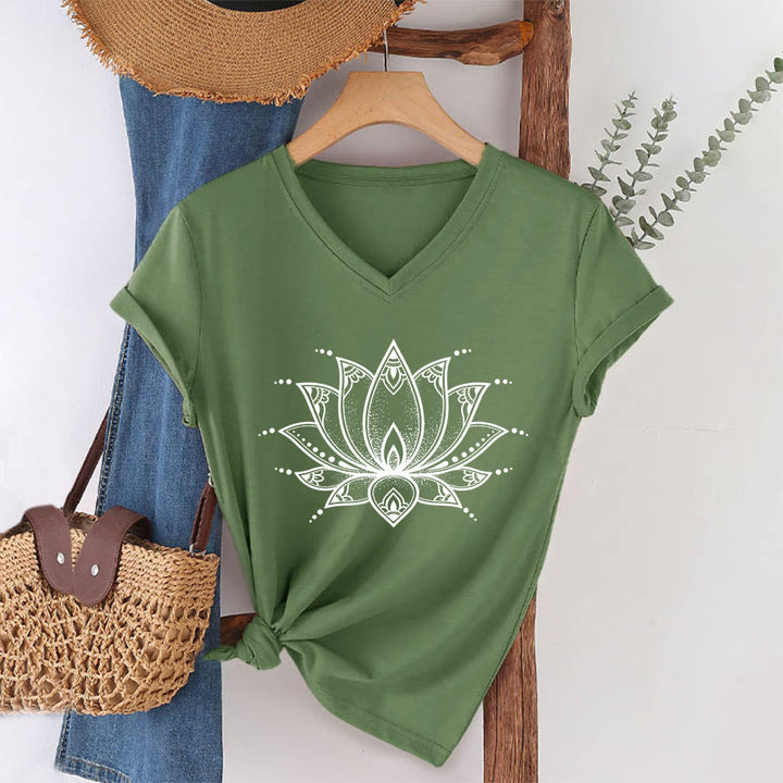 T-shirt da donna con scollo a V Olivenorma Minimal Outline Sacred Lotus Zen Graphic - image 1