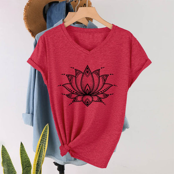 T-shirt da donna con scollo a V Olivenorma Minimal Outline Sacred Lotus Zen Graphic - image 31