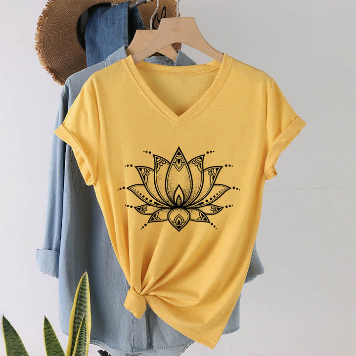 T-shirt da donna con scollo a V Olivenorma Minimal Outline Sacred Lotus Zen Graphic - image 4