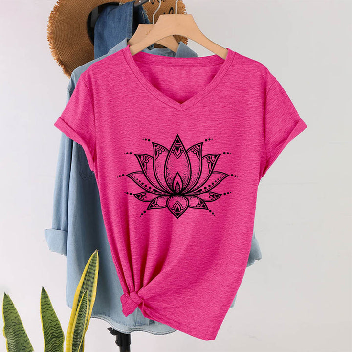 T-shirt da donna con scollo a V Olivenorma Minimal Outline Sacred Lotus Zen Graphic - image 34