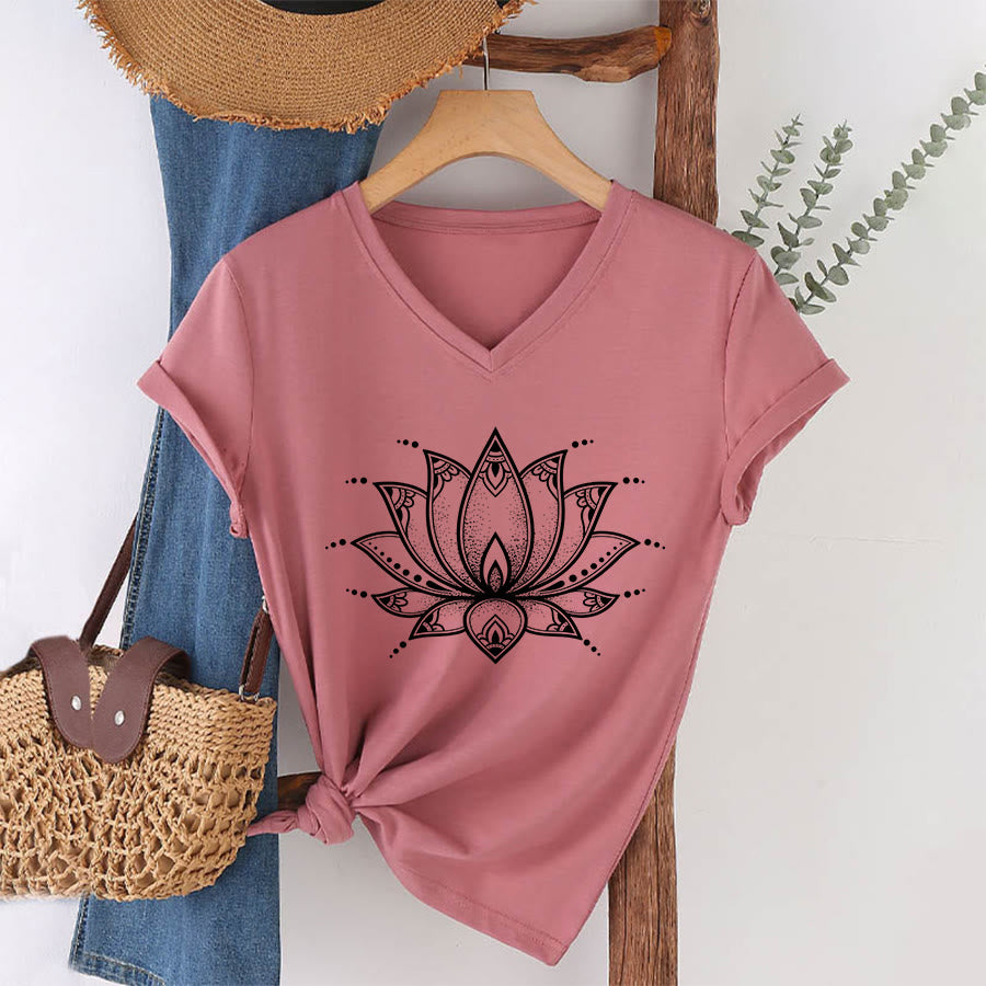 T-shirt da donna con scollo a V Olivenorma Minimal Outline Sacred Lotus Zen Graphic - image 13