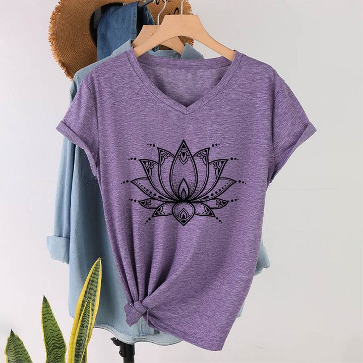T-shirt da donna con scollo a V Olivenorma Minimal Outline Sacred Lotus Zen Graphic - image 37