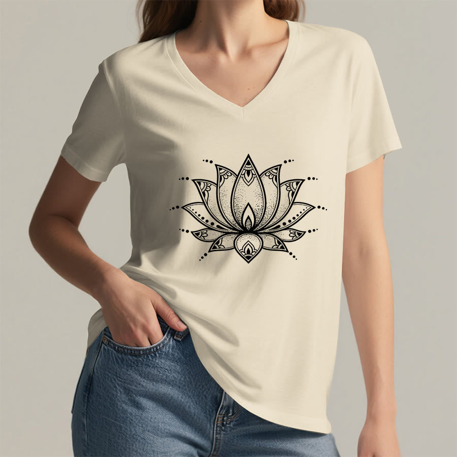 T-shirt da donna con scollo a V Olivenorma Minimal Outline Sacred Lotus Zen Graphic - image 11